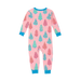 Pink onesie with colorful tree pattern on a white background, back view.