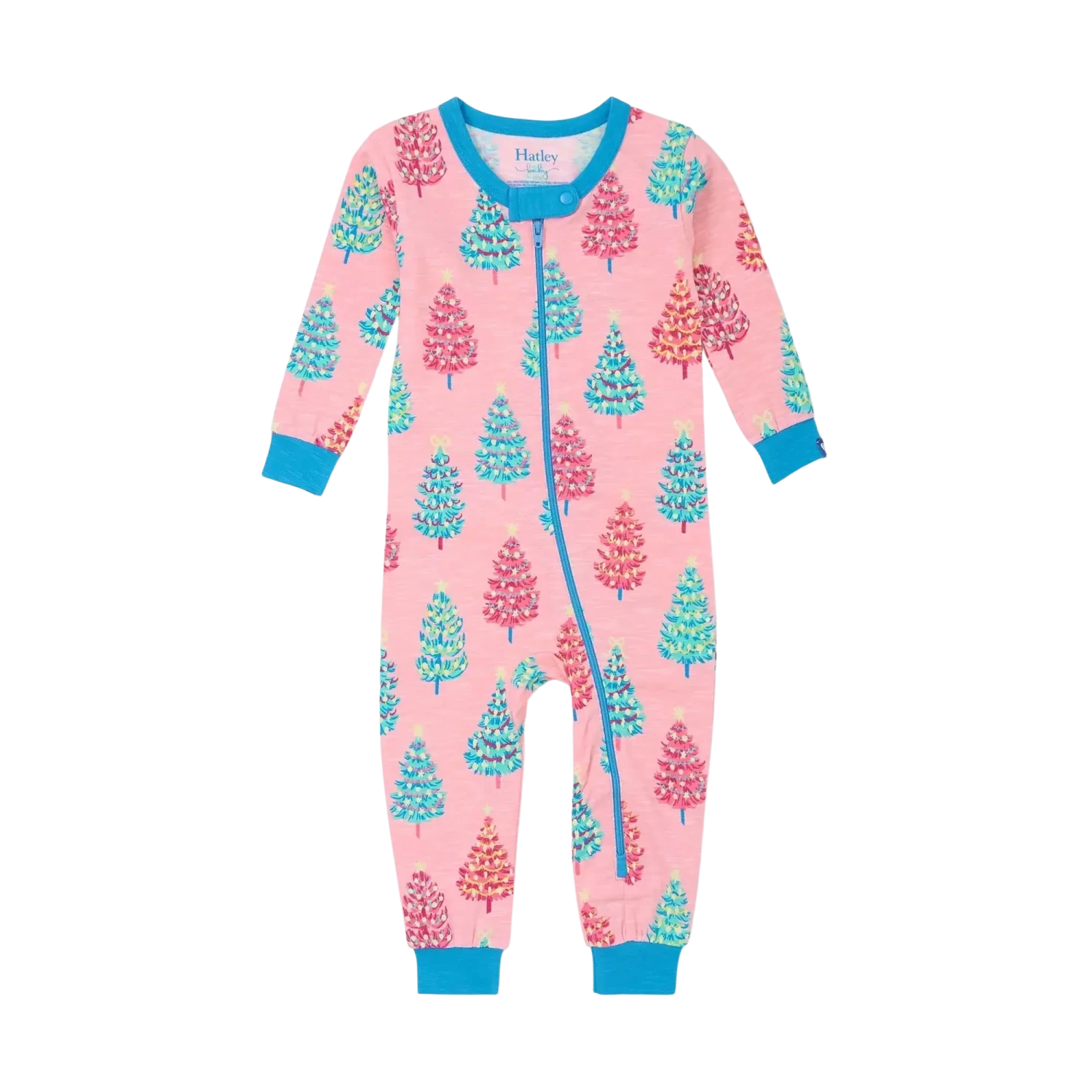 Pink children's onesie with tree pattern on a white background