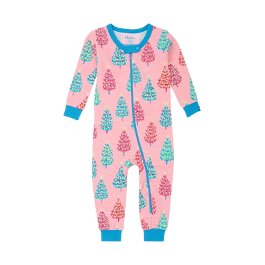 Pink children's onesie with tree pattern on a white background