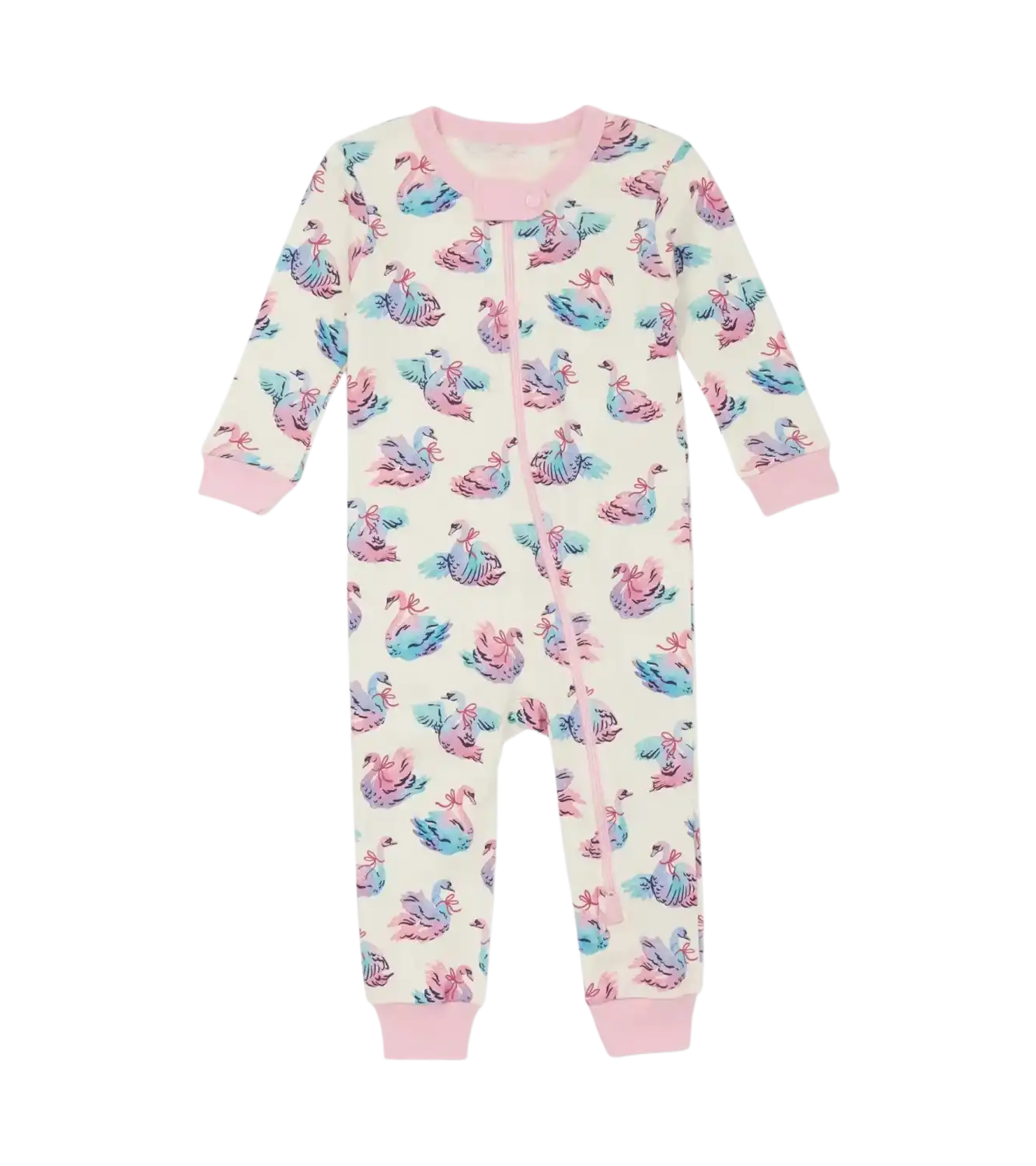 Hatley Baby Cotton Sleeper in Elegant Swans, front view flat