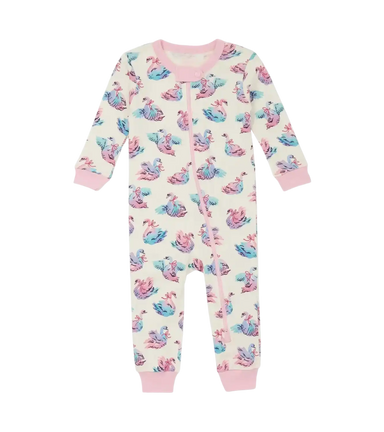 Hatley Baby Cotton Sleeper in Elegant Swans, front view flat