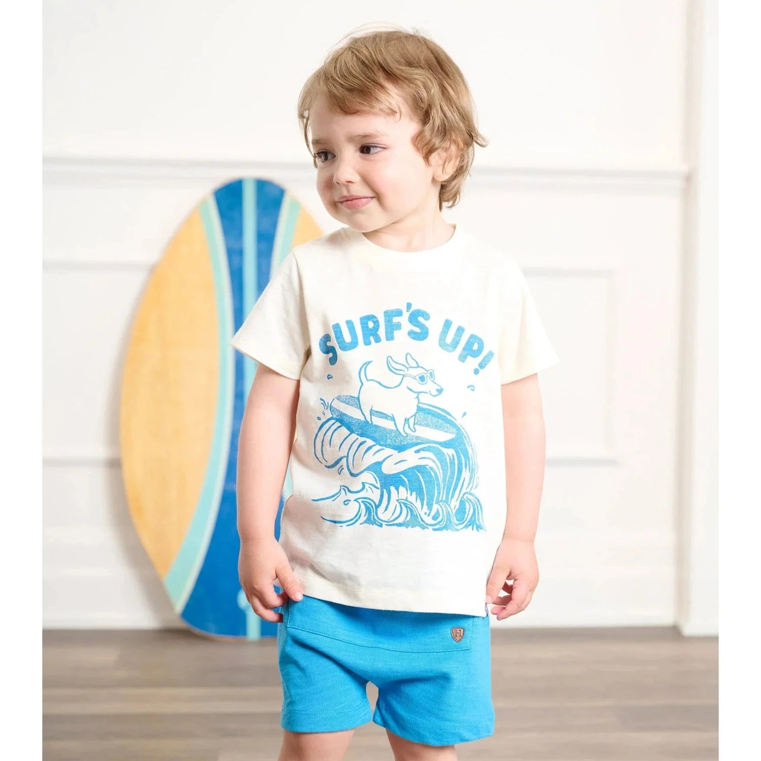 Hatley Baby Surfs Up Graphic Tee, front view on model 