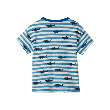 Hatley Baby & Toddler Boys Slouchy Tee shown in the Shark Stripes option. Back view.