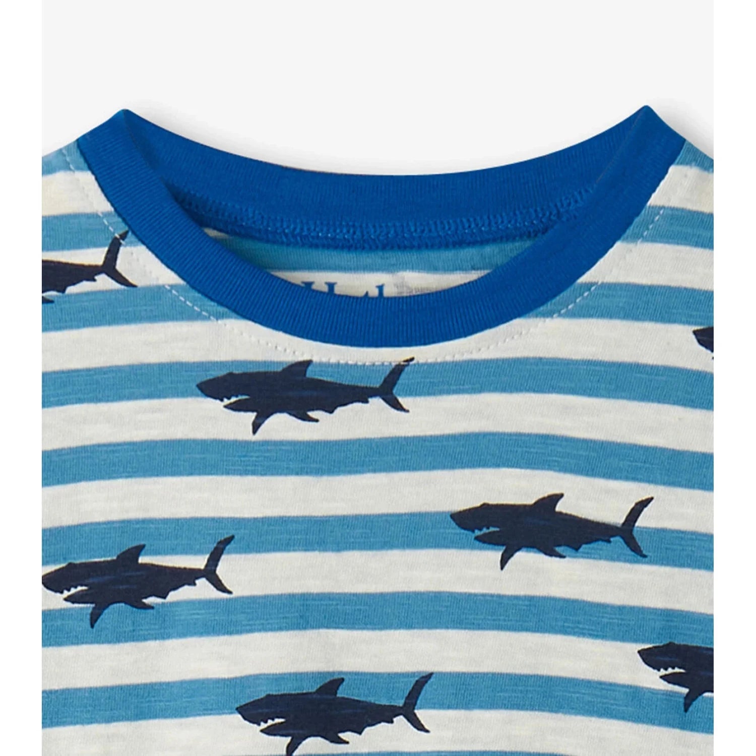 Hatley Baby & Toddler Boys Slouchy Tee shown in the Shark Stripes option. Collar view.