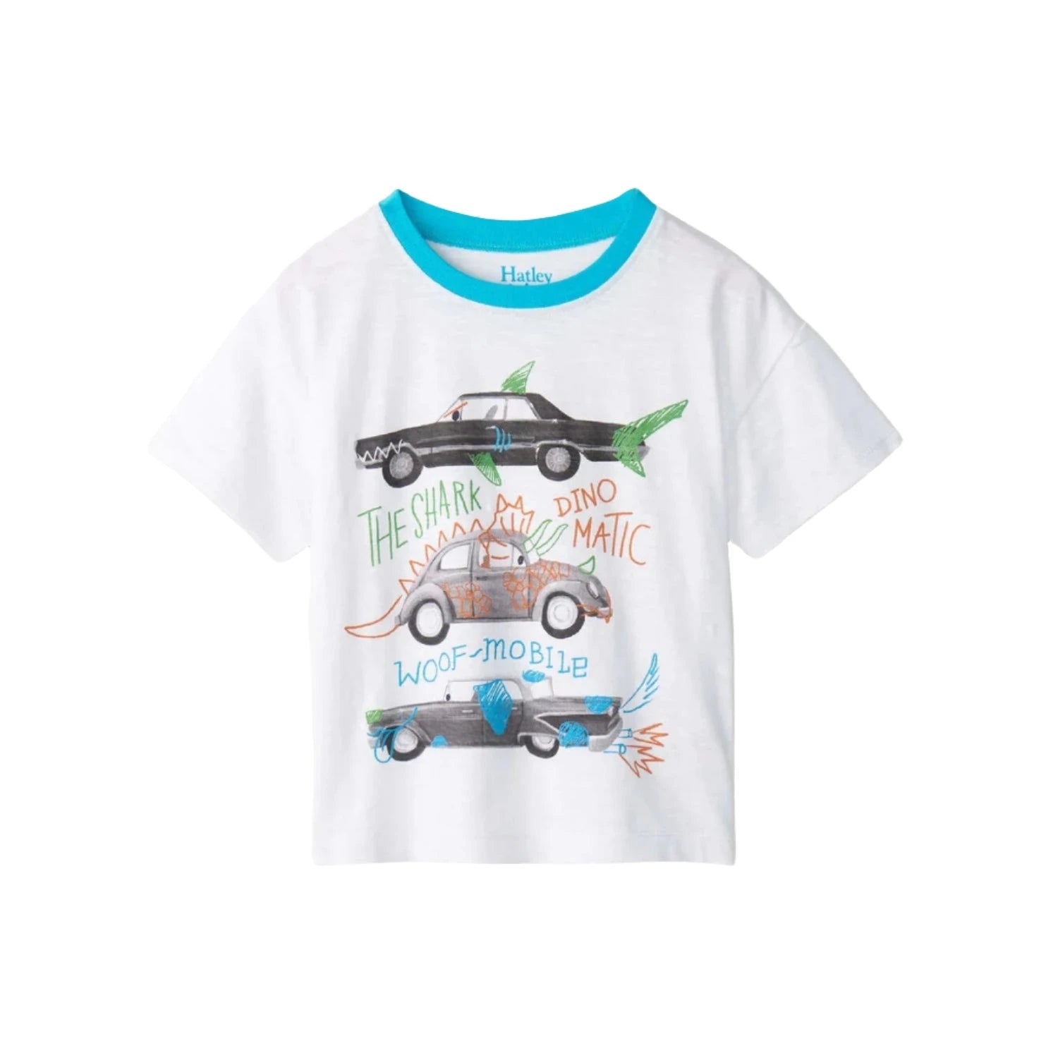 Hatley Baby & Toddler Boys Slouchy Tee shown in the Crazy Cars option. Front view.
