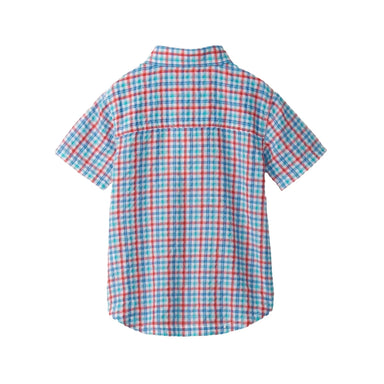 Hatley Boy's Scuba Check Button Down Shirt shown in the Blue, Red, White color option. Back view.