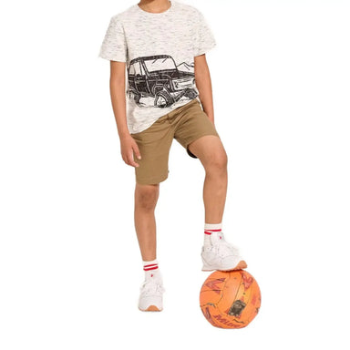 Hatley Boy's Off Road Graphic Tee. Front view shown on model.