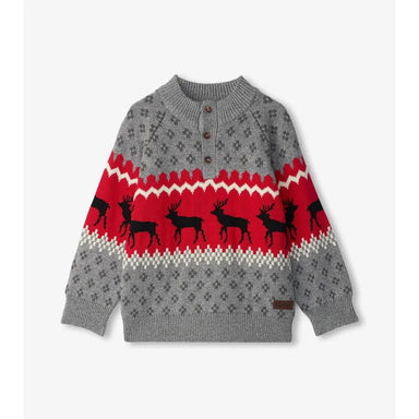 Hatley Boys Winter Elks Mockneck Sweater, front view.