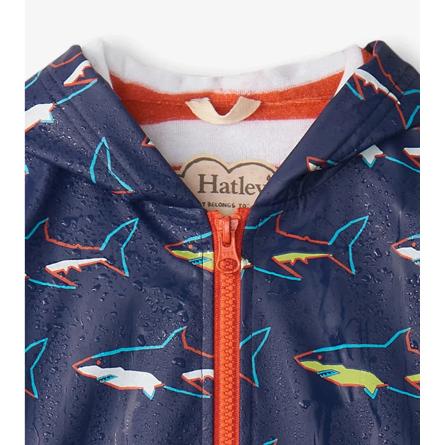 Hatley Boy's Sharks Zip-Up Rain Jacket shown in the Shark design option. Zipper view.