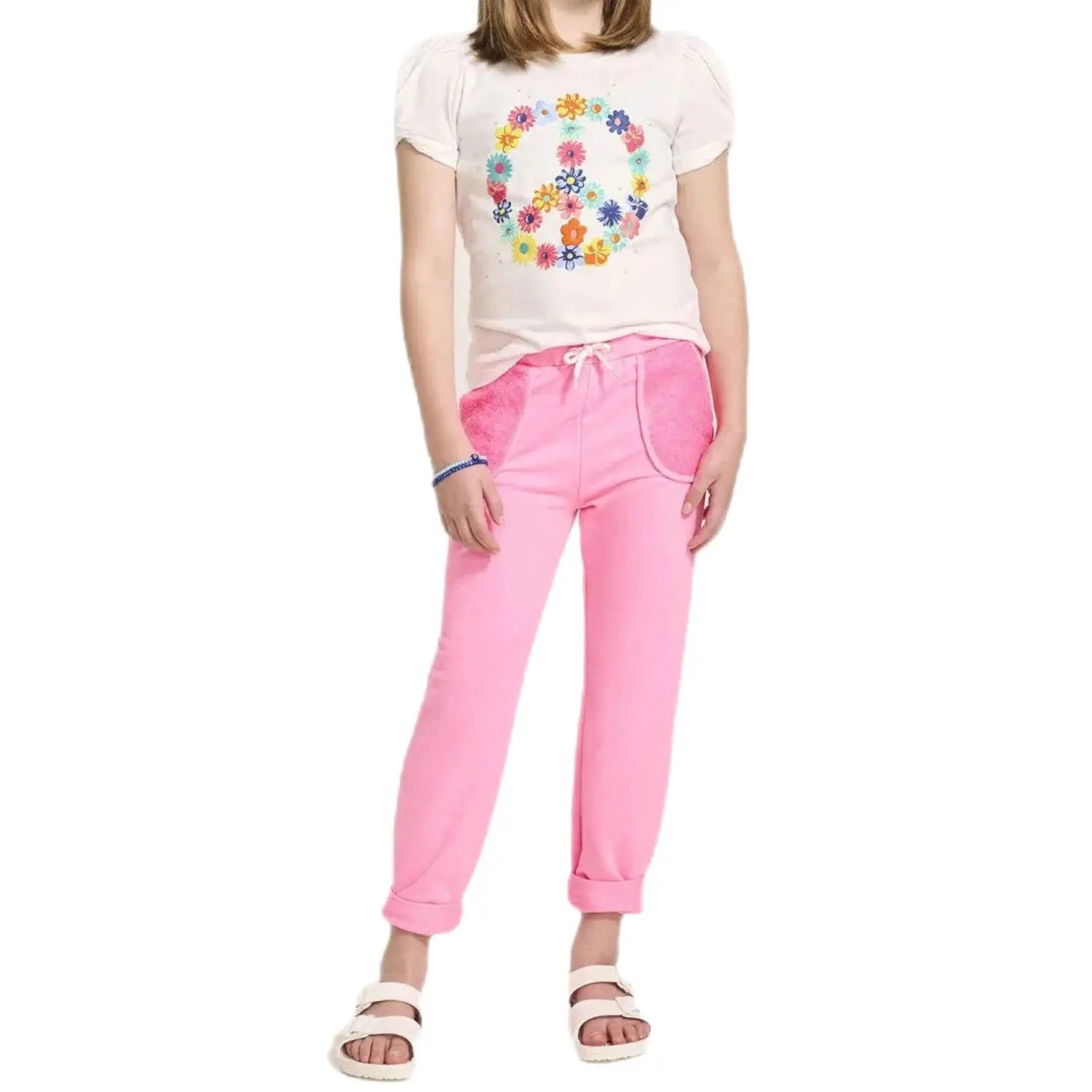 Hatley Girl's Pink Neon Track Pants. Front view shown on model.