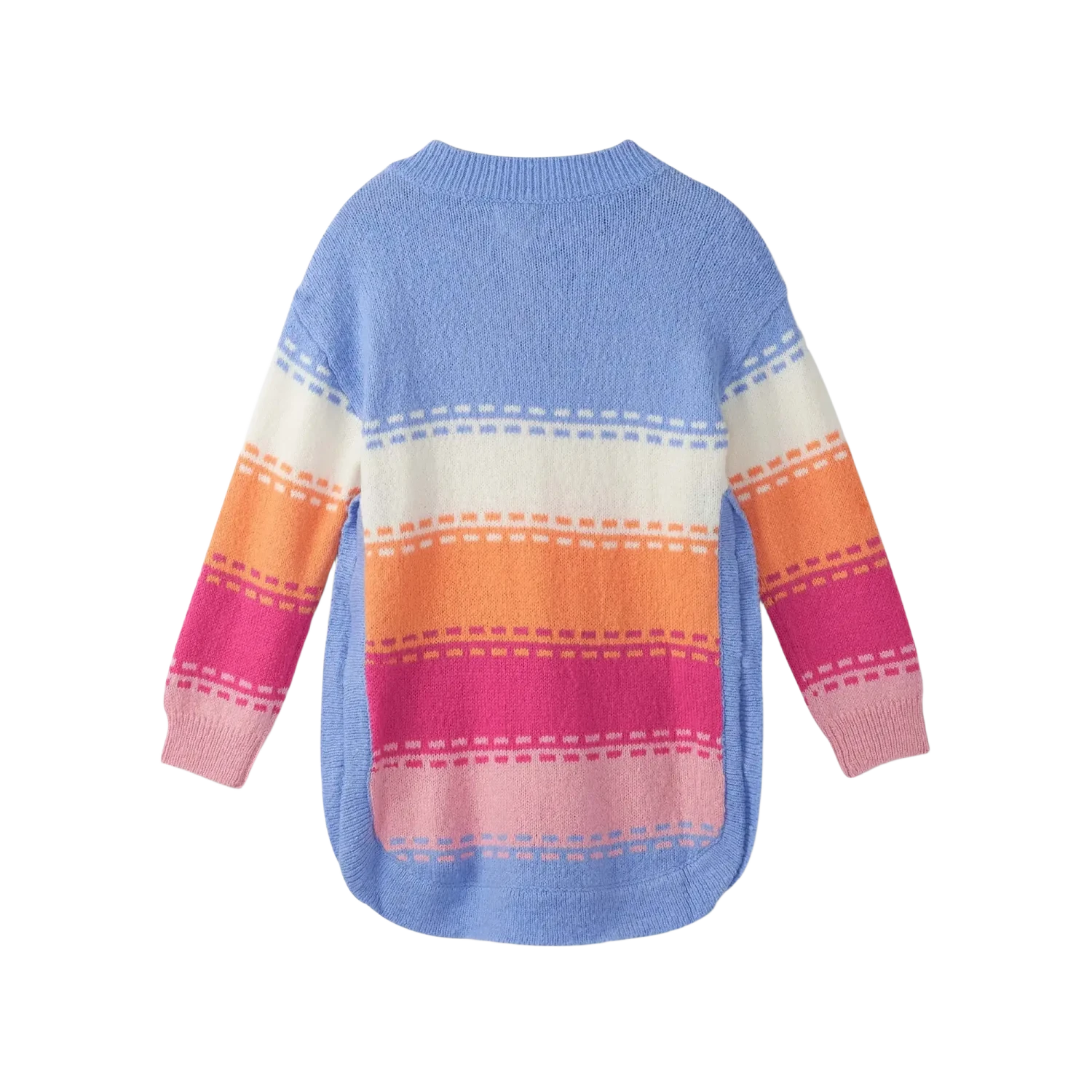 Colorful striped sweater on a white background, back view.
