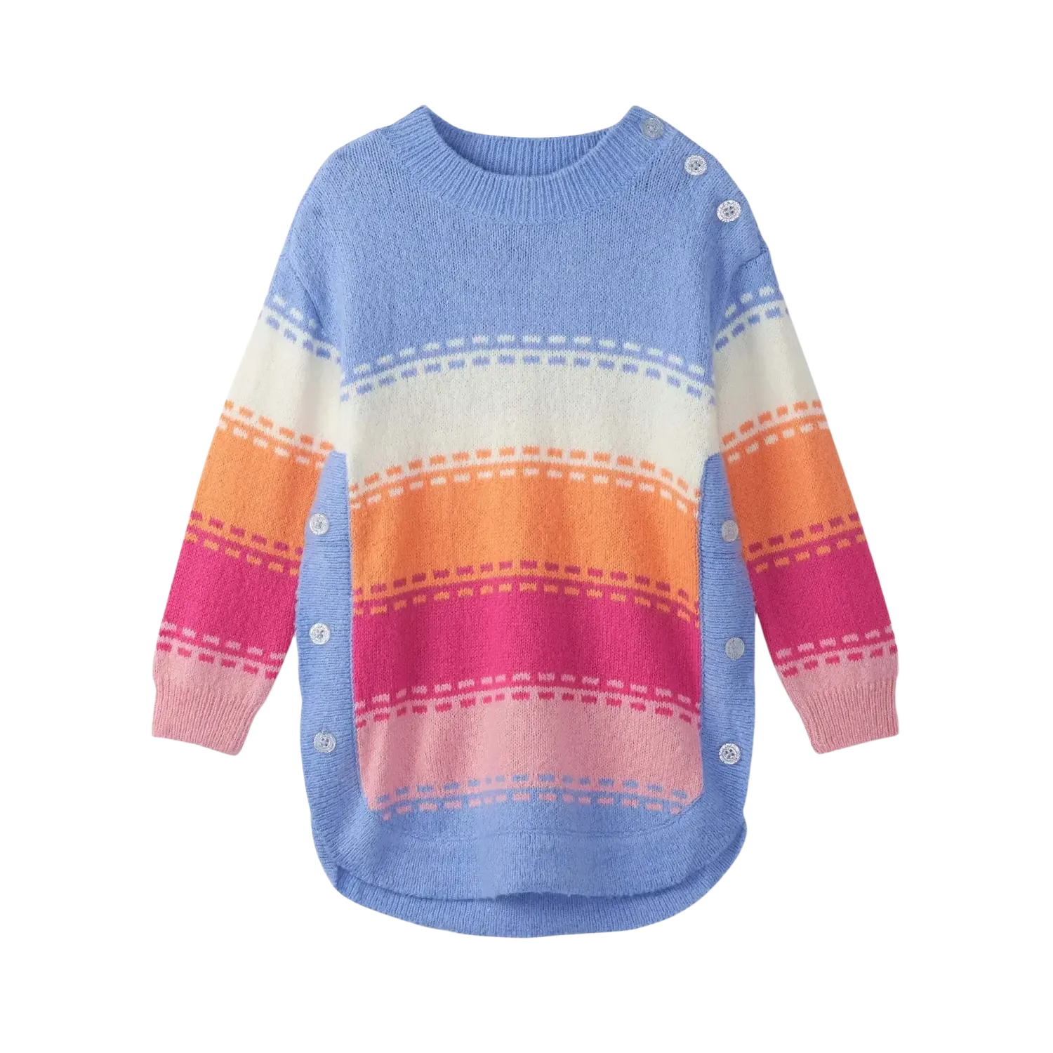 Colorful striped sweater with a gradient from blue to pink on a white background