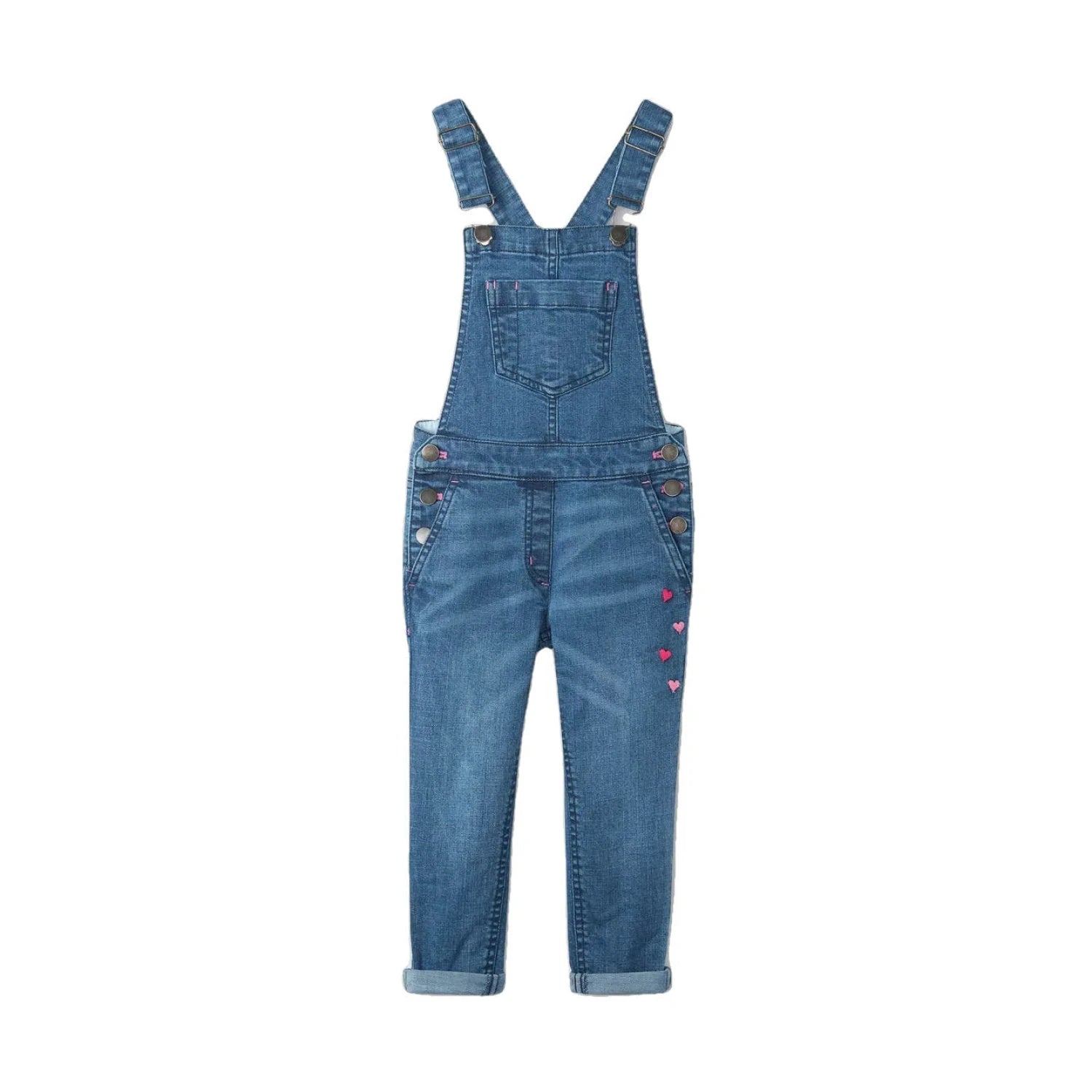 Hatley Girls Denim Stretch Classic Overalls, deep blue, front view. Pink hearts on left thigh.