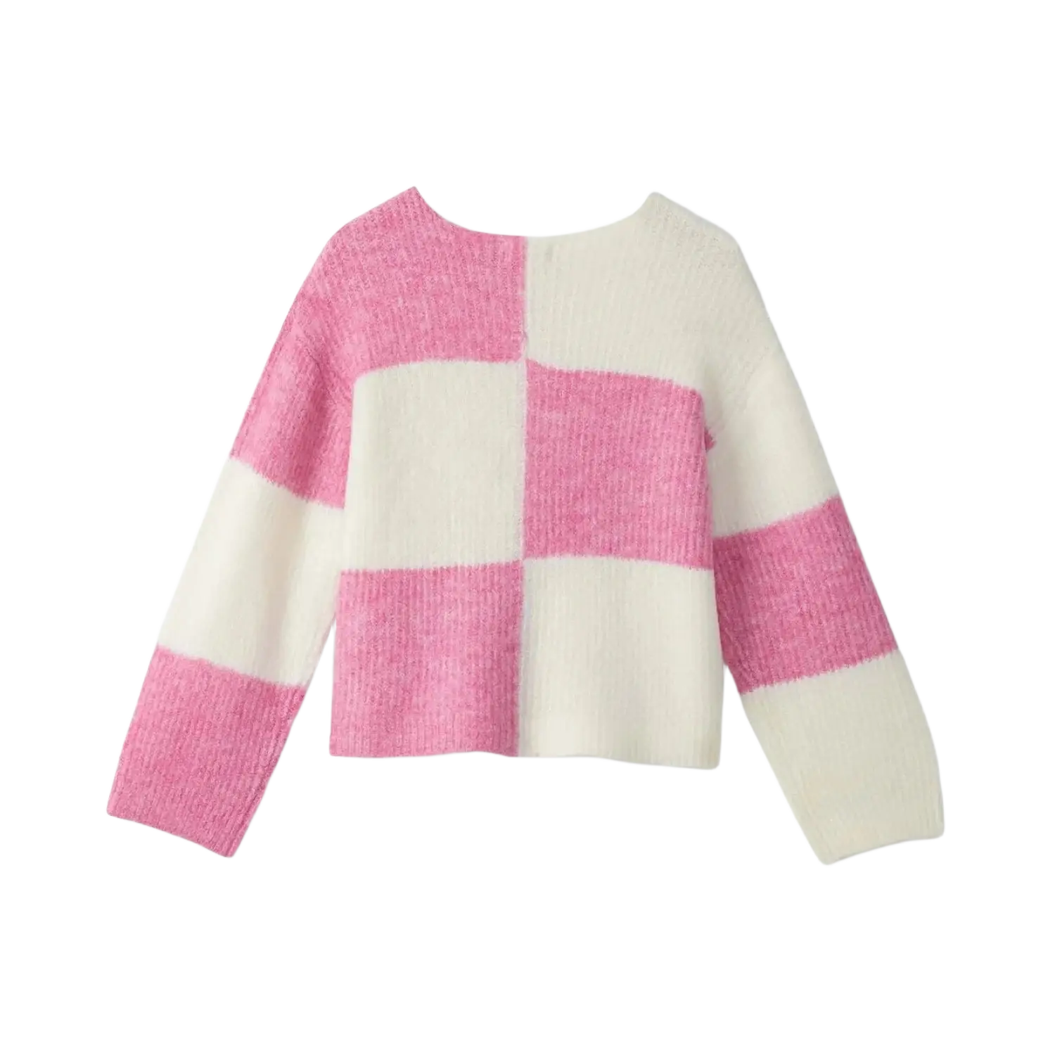 Hatley Girl's Sea Pink Check Drop Shoulder Sweater, Back view