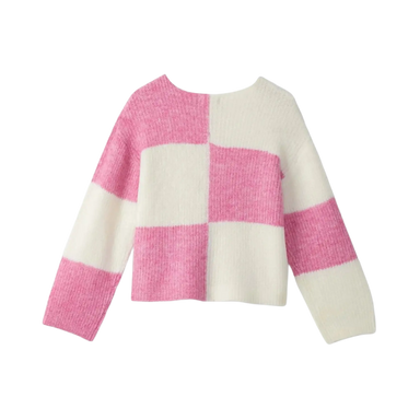 Hatley Girl's Sea Pink Check Drop Shoulder Sweater, Back view