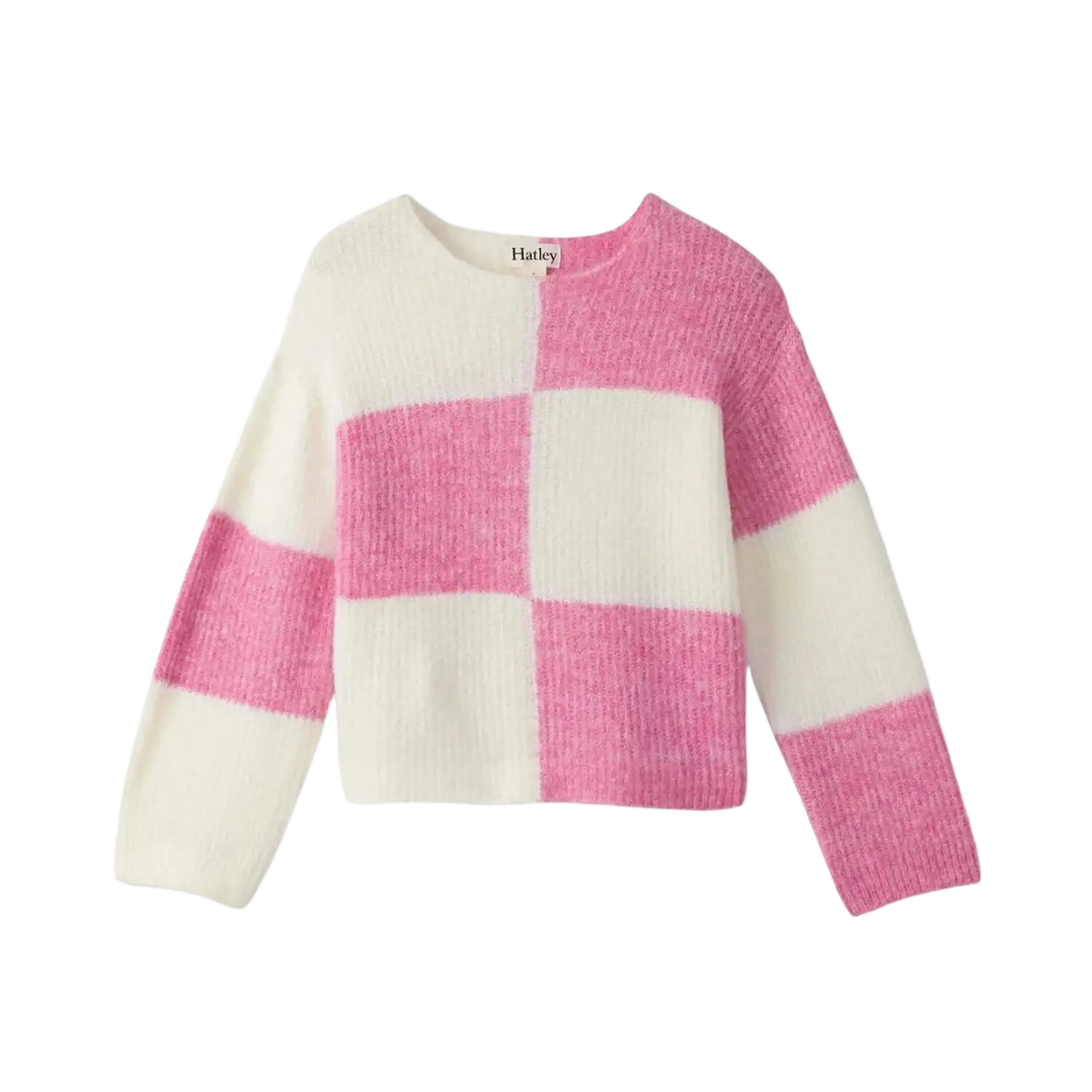Hatley Girl's Sea Pink Check Drop Shoulder Sweater, Front View 