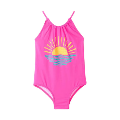 Hatley Girl's Sunrise Gather Gathered Swimsuit, front view.
