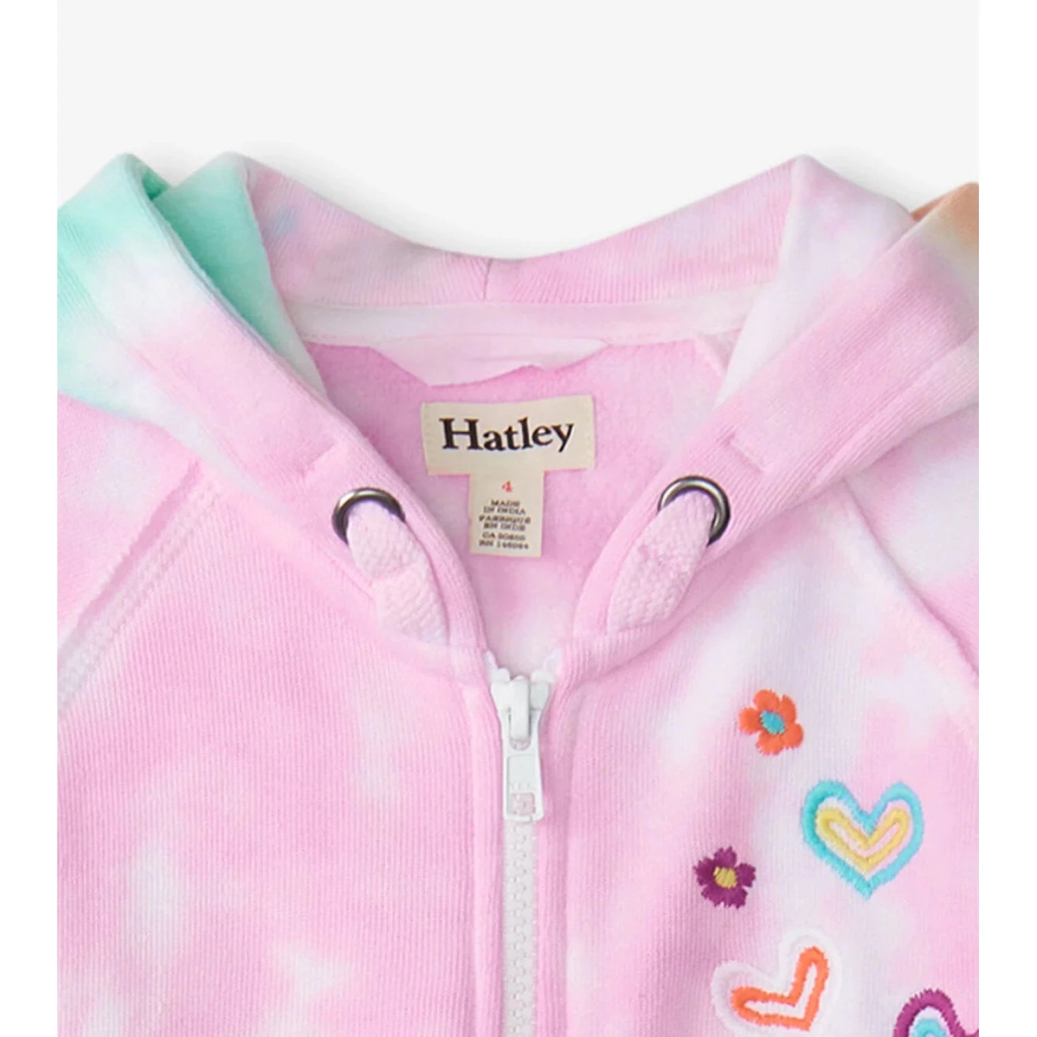 Hatley Girl's Summer Waves Tie Dye Hoodie. Front collar view.