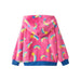 Hatley Girl's Shooting Stars Fleece Jacket. Pink fleece with multi color rainbows and stars design with blue trim.  Back view with hood shown.