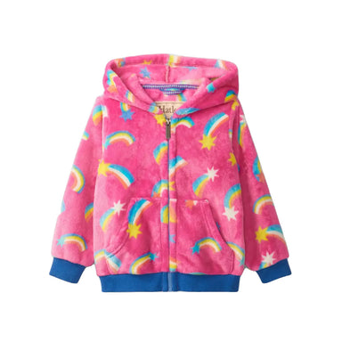 Hatley Girl's Shooting Stars Fleece Jacket. Pink fleece with multi color rainbows and stars design with blue trim. Front view.