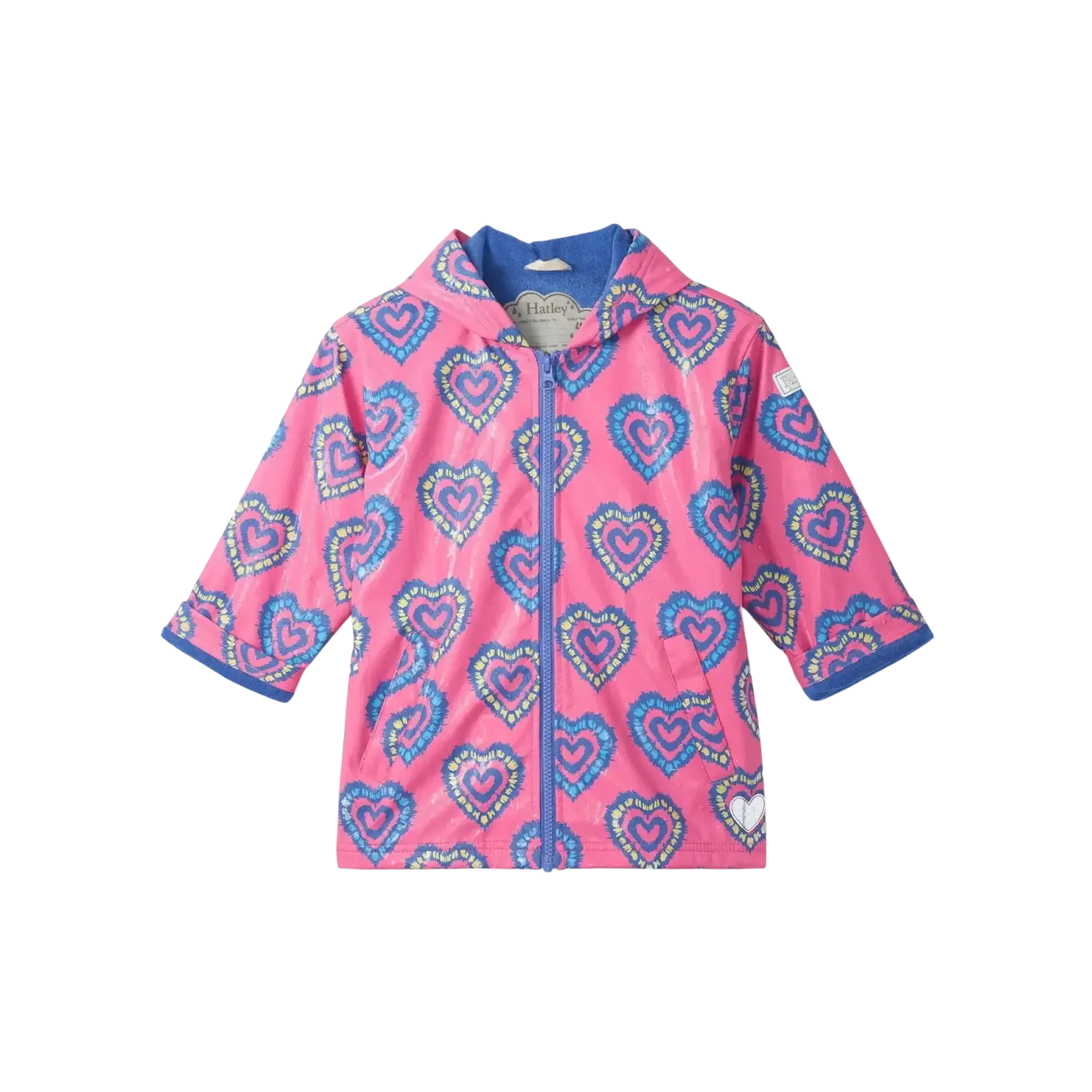 Hatley Kid's Colour Changing Zip-Up Rain Jacket in Heart Burst, front view flat of color changed