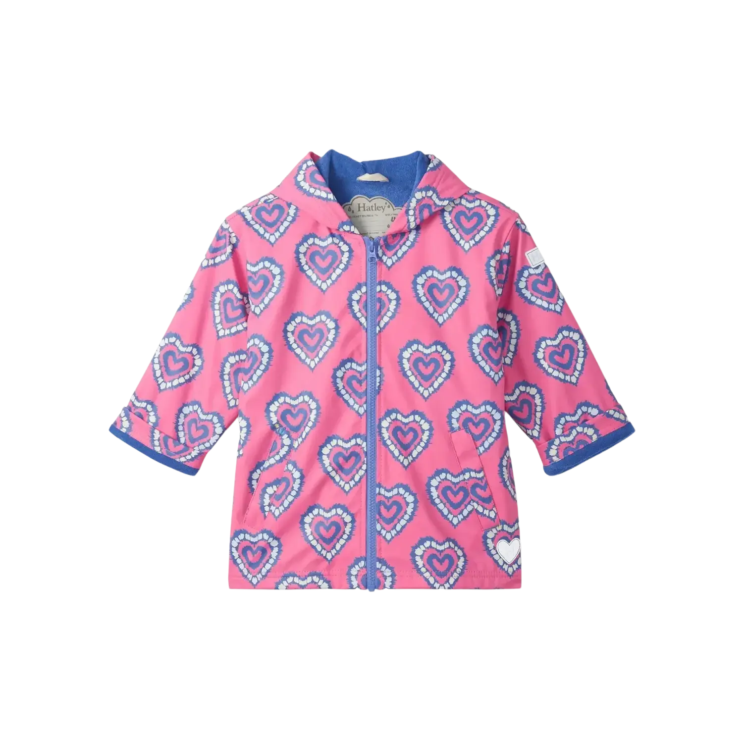 Hatley Kid's Colour Changing Zip-Up Rain Jacket in Heart Burst, front view flat