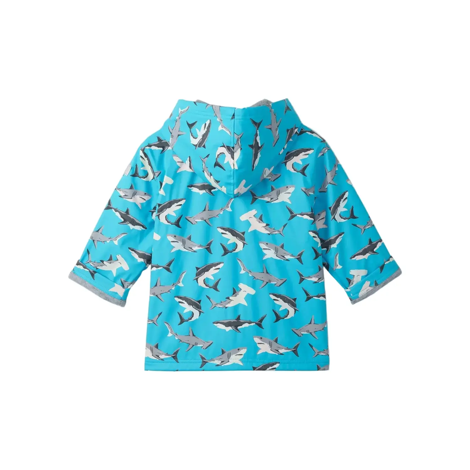 Hatley Kid's Colour Changing Zip-Up Rain Jacket in Shark Party, back view flat