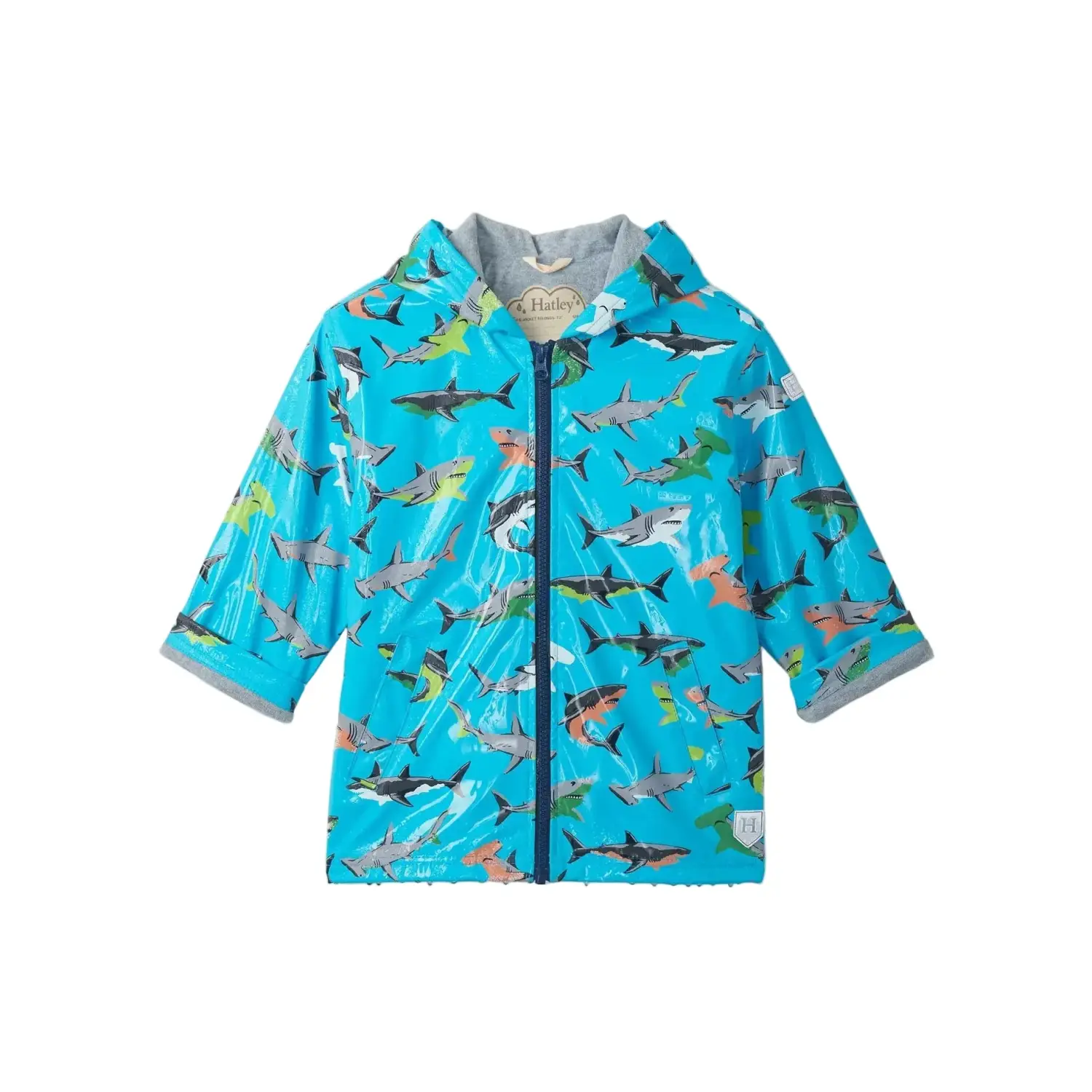 Hatley Kid's Colour Changing Zip-Up Rain Jacket in Shark Party, front view of changed color flat