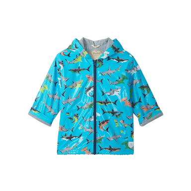 Hatley Kid's Colour Changing Zip-Up Rain Jacket in Shark Party, front view of changed color flat