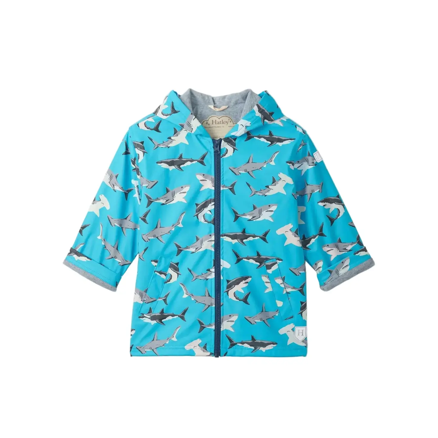 Hatley Kid's Colour Changing Zip-Up Rain Jacket in Shark Party, front view flat