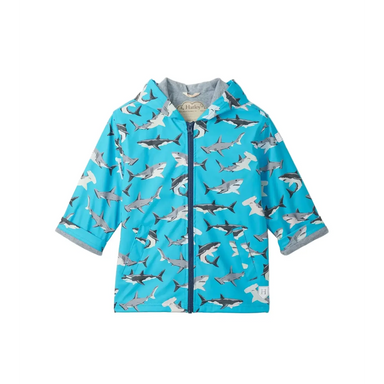 Hatley Kid's Colour Changing Zip-Up Rain Jacket in Shark Party, front view flat
