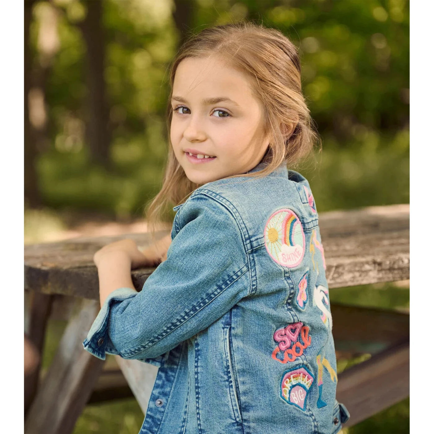 Hatley K's Everything Fun Jean Jacket, Classic Rinse, back view on model