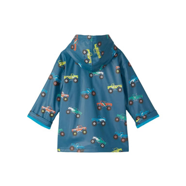 Hatley K's Monster Trucks Zip-Up Rain Jacket, Monster Trucks, back view flat 