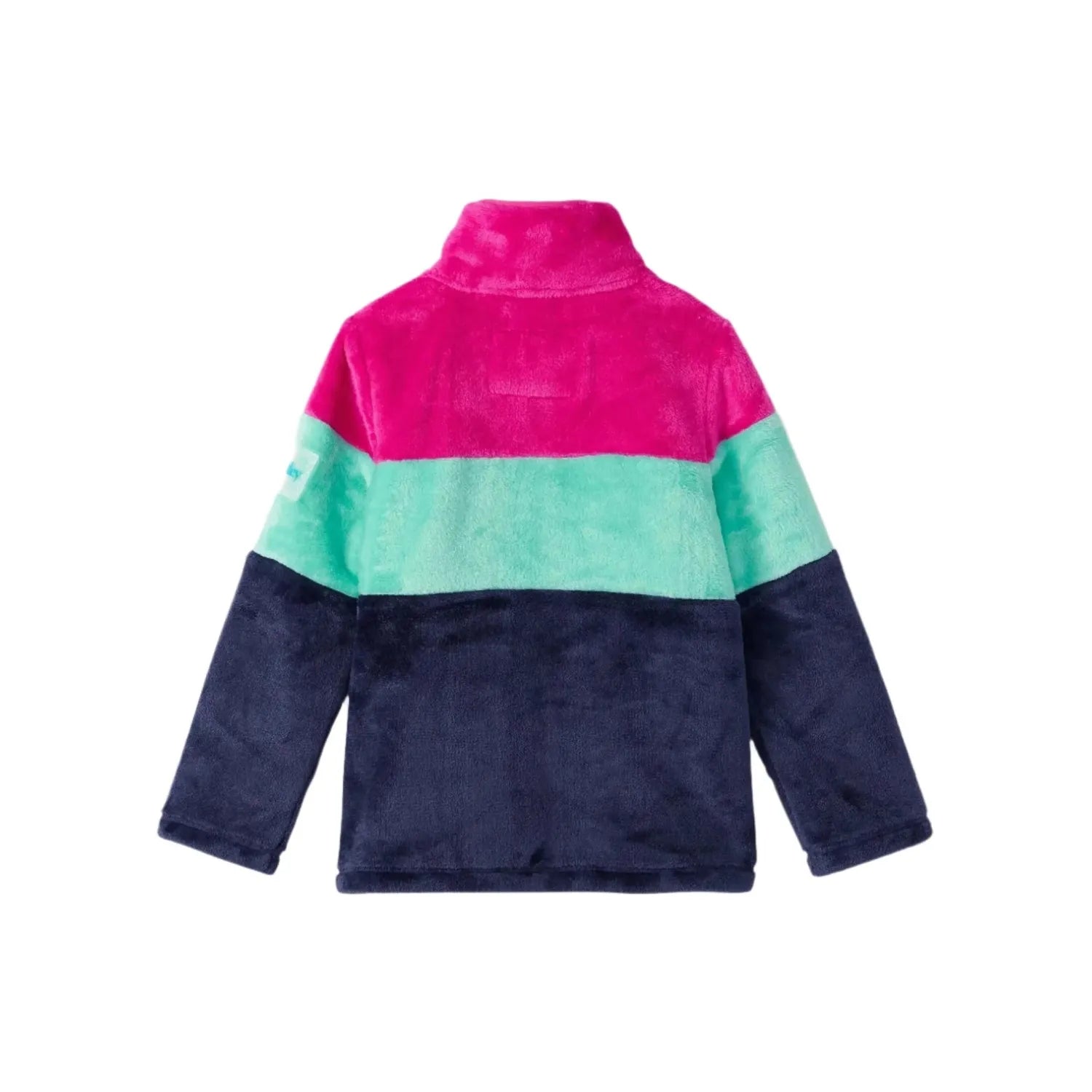 Hatley Kid's Colour Block Fuzzy Fleece Zip-Up Jacket shown in the Patriot Blue/Pink color option. Back view.