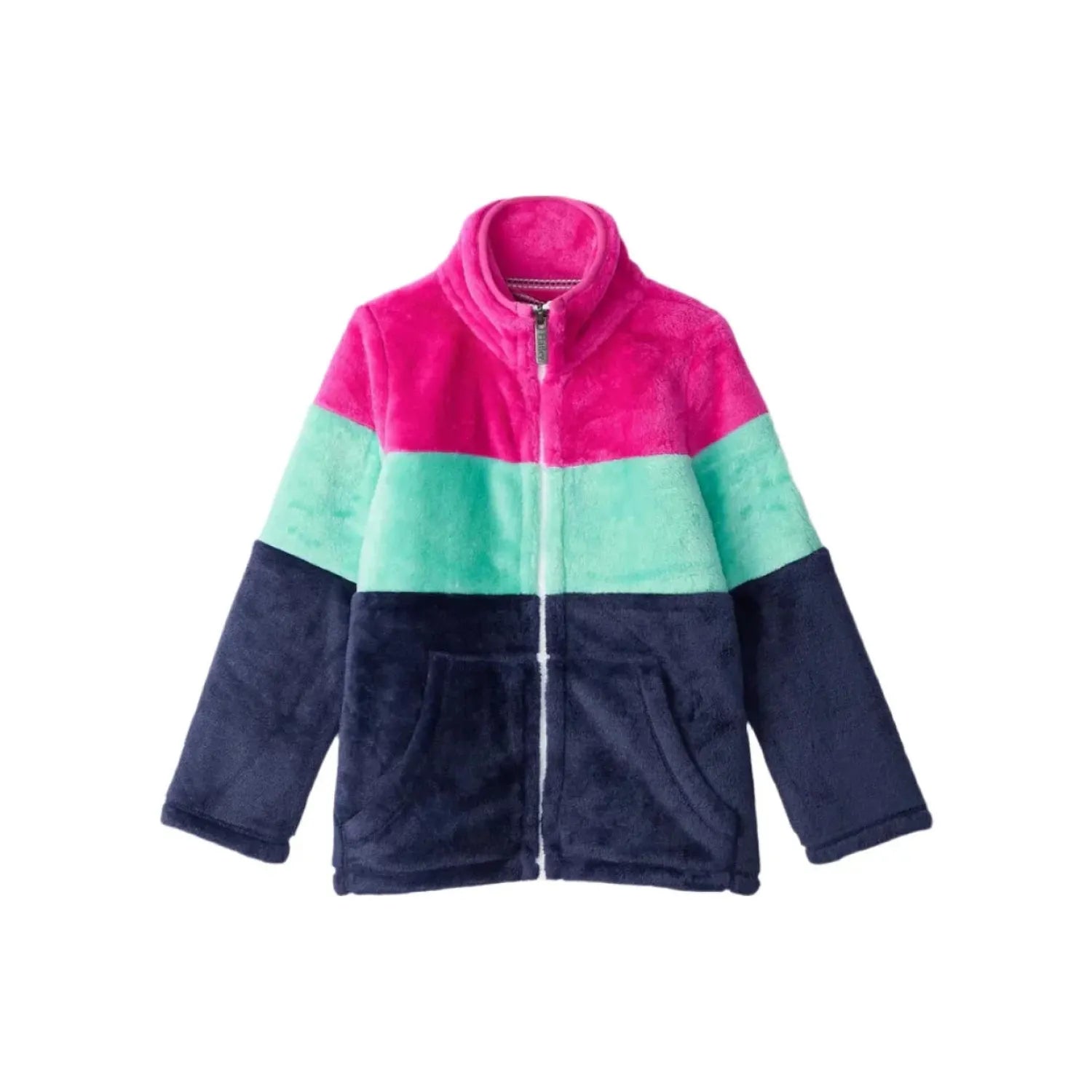 Hatley Kid's Colour Block Fuzzy Fleece Zip-Up Jacket shown in the Patriot Blue/Pink color option. Front view.