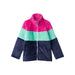 Hatley Kid's Colour Block Fuzzy Fleece Zip-Up Jacket shown in the Patriot Blue/Pink color option. Front view.