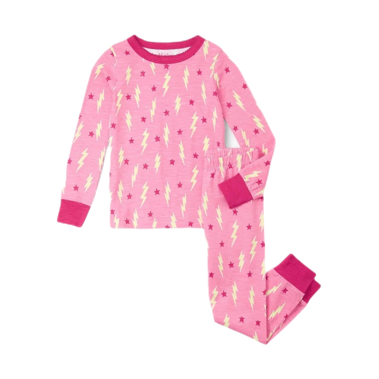 Hatley Kid's Cotton Pajama Set in glow in the dark lightening bolts and stars, flat front set