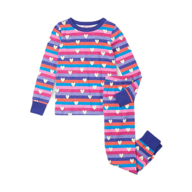 Hatley Kid's Cotton Pajama Set in stripes and hearts, flat front set