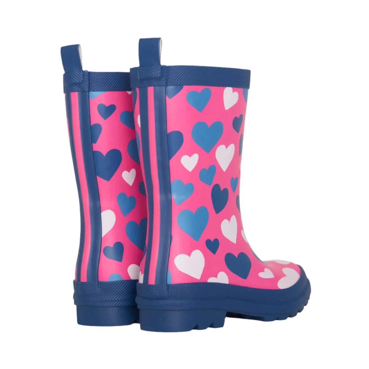 Hatley Kid's Rain Boots shown in the White Hearts color option. Heel view shown.