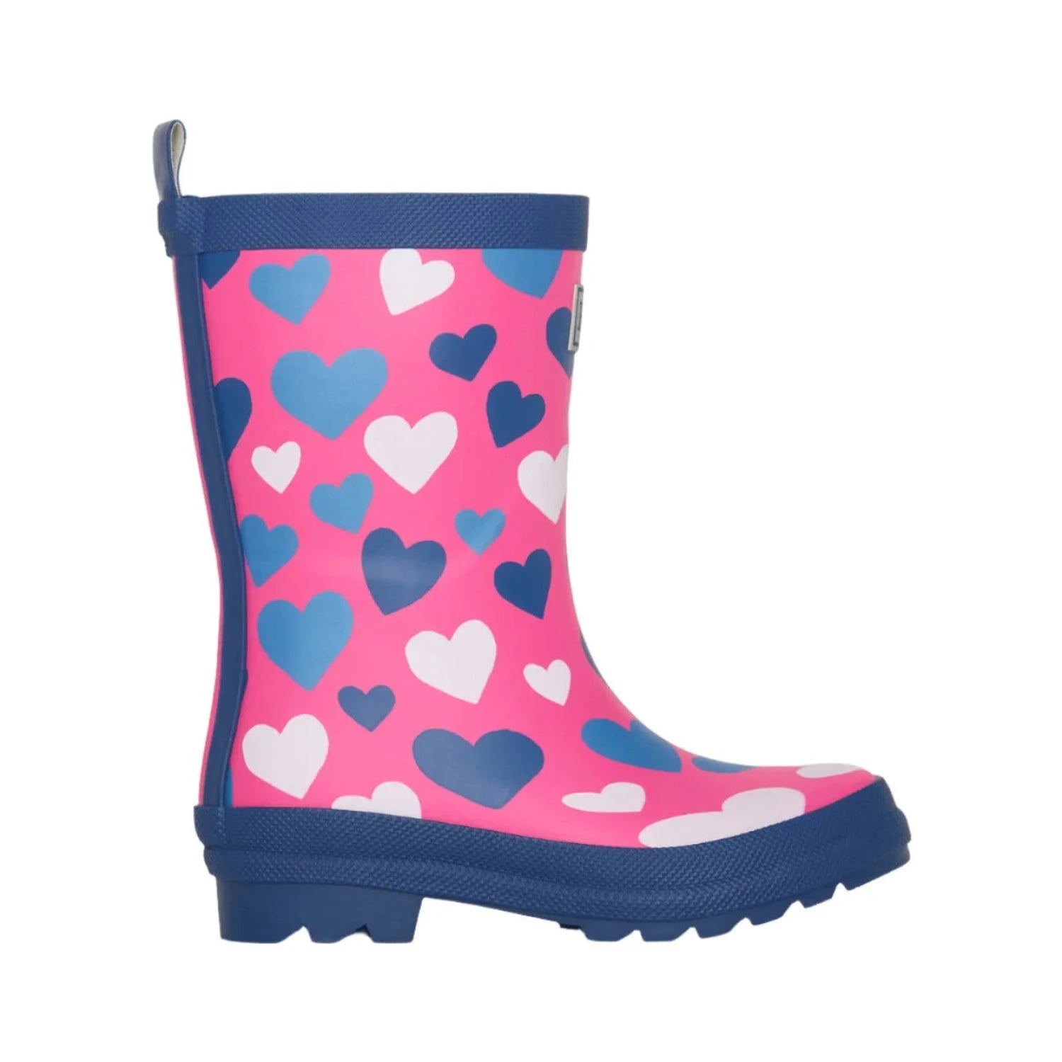 Hatley Kid's Rain Boots shown in the White Hearts color option.  Side view shown.