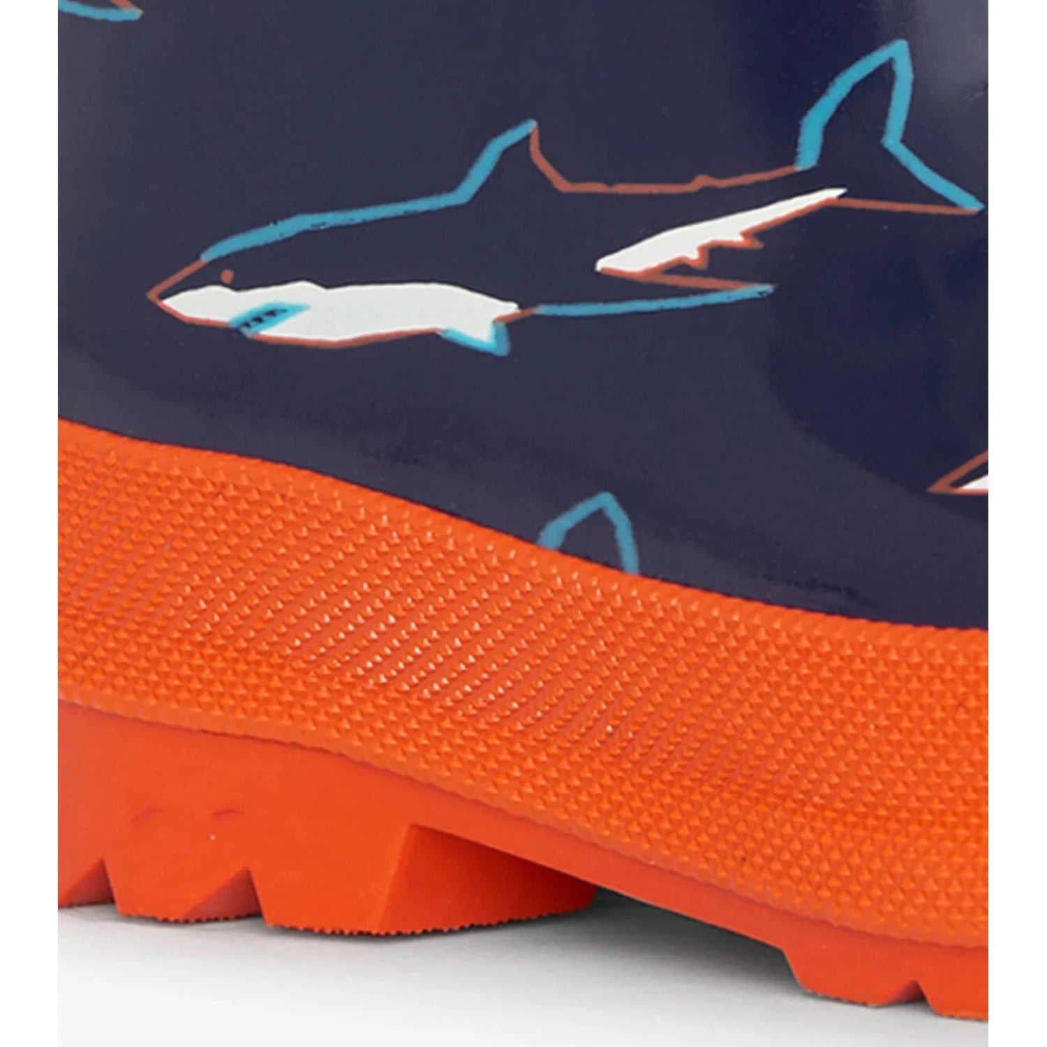 Hatley Kid's Rain Boots shown in the Shiny Sharks color option. Design detail shown.