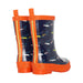 Hatley Kid's Rain Boots shown in the Shiny Sharks color option. Heel view shown.