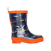 Hatley Kid's Rain Boots shown in the Shiny Sharks color option. Side view shown.