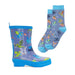 Hatley Kid's Dragon Realm Shiny Rain Boots side view of boots and matching socks.
