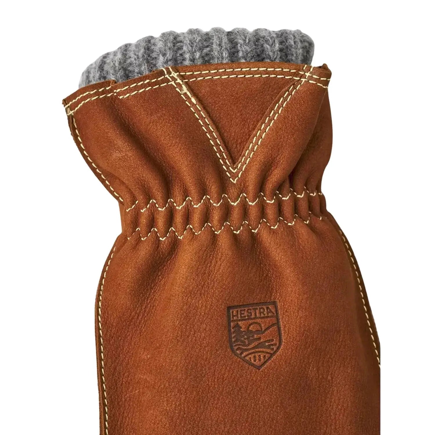 Hestra Oden Nubuck Mitt shown in the cork color. Cuff view.