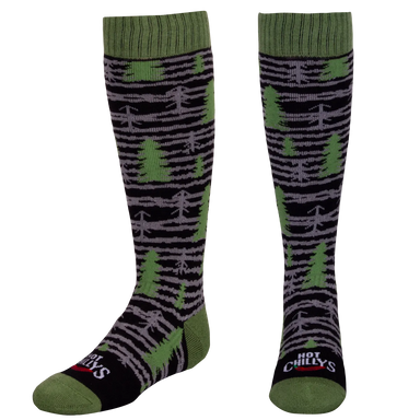 hot chillys kids mid volume sock in black pine tree front view