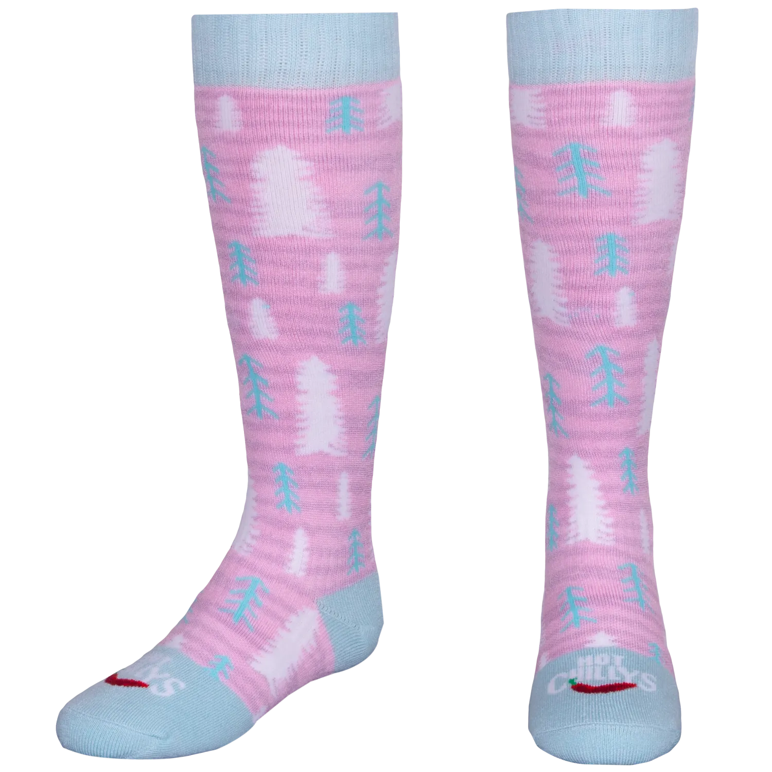 hot chillys kids mid volume sock in petal pine tree front view