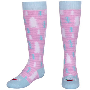 hot chillys kids mid volume sock in petal pine tree front view