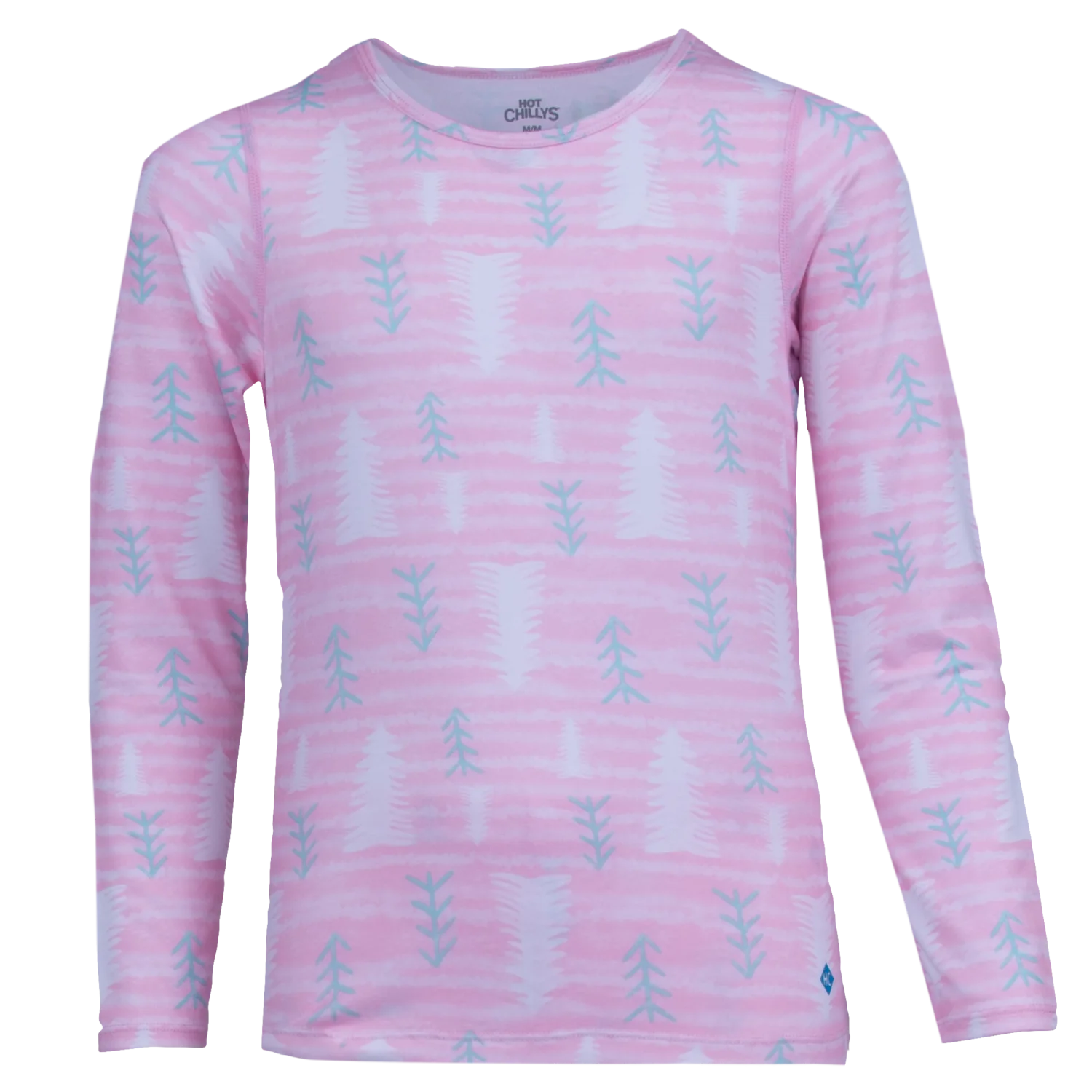 hot chillys kids originals print crewneck in petal pine tree front flat view