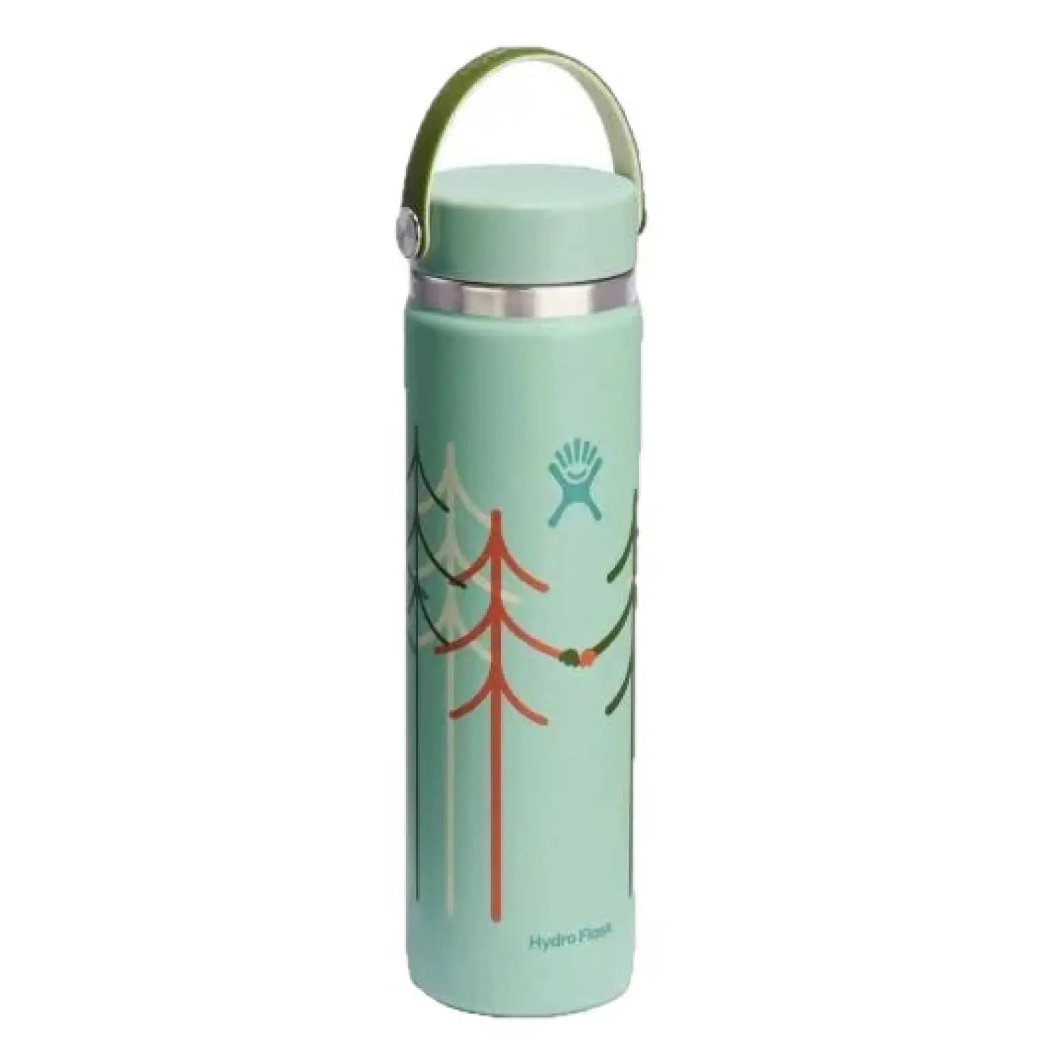 Hydro Flask Let's Go Together 24 oz Wide Mouth with Flex Cap shown in TreeLine Green option. Aqua water bottle with red, green, white, and blue trees. Blue Hydro Flask logo. Shown with Aqua colored cap with green handle.